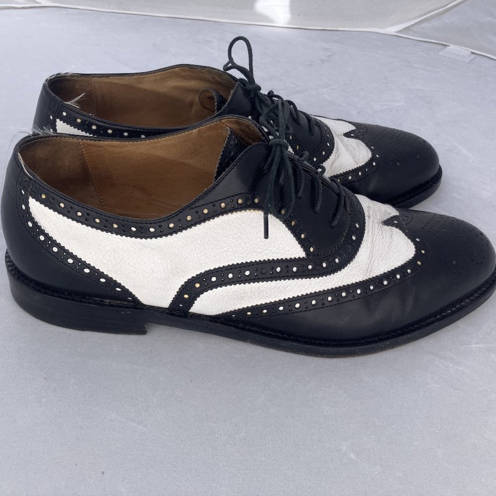 COLE HAAN Abraham I MADE IN ITALY BLACK WHITE LEATHER Wingtip Oxford sz 9.5M - Picture 5 of 10